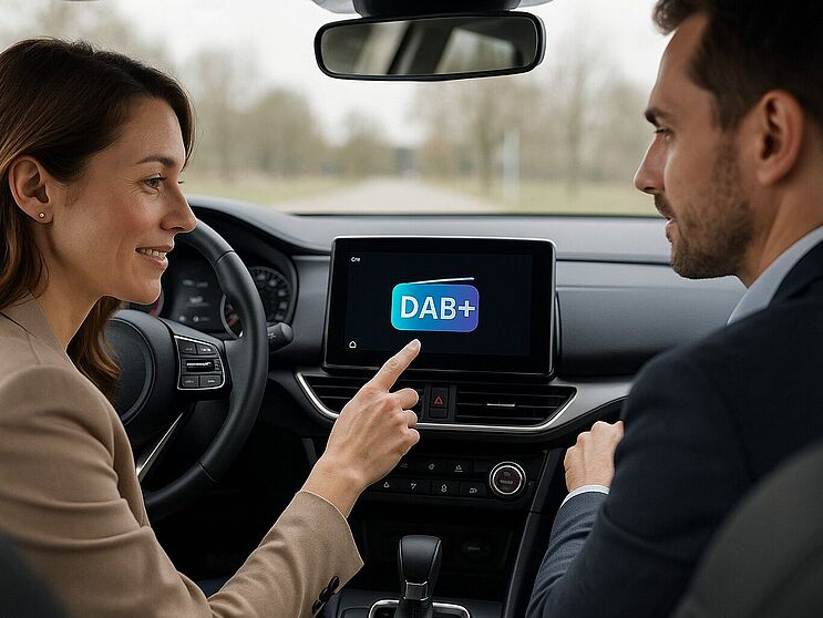 Zwei Personen im Cockpit eines Fahrzeugs, in der Mitte ein Display mit dem DAB+